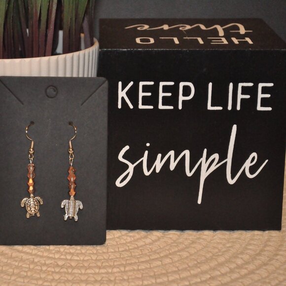 Iridescent Drop Earrings w/Silver Turtle Detail - Picture 1 of 3